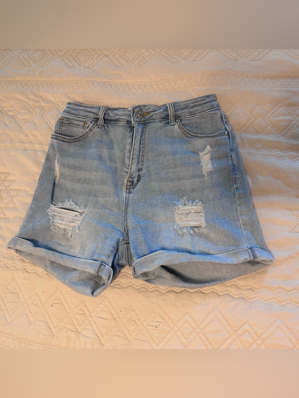 High-Rise Light Blue Distressed Denim Shorts for Women